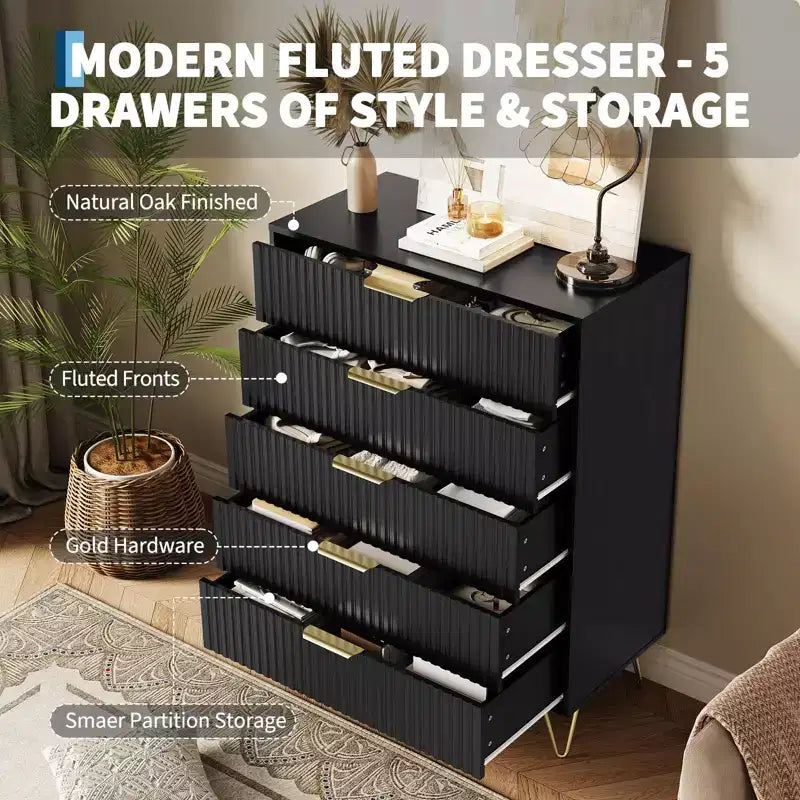 Modern Fluted 5-Drawer Dresser 47.72 Tall, Natural Oak, Gold Handles, 200 lbs Top, Anti-Tip, Waterproof, Bedroom/Hallway Statement Storage