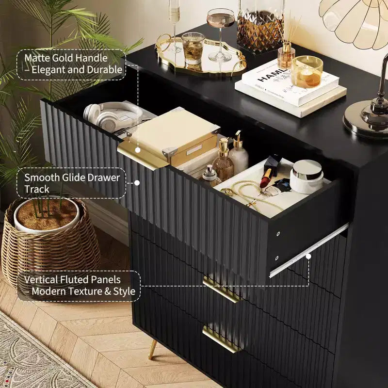 Modern Fluted 5-Drawer Dresser 47.72 Tall, Natural Oak, Gold Handles, 200 lbs Top, Anti-Tip, Waterproof, Bedroom/Hallway Statement Storage