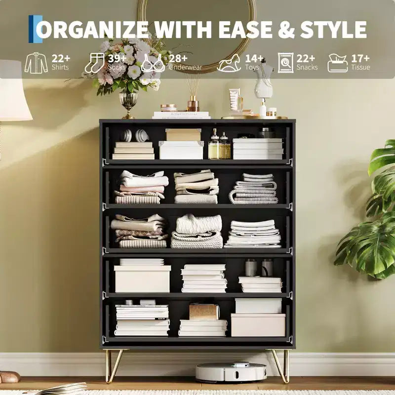 Modern Fluted 5-Drawer Dresser 47.72 Tall, Natural Oak, Gold Handles, 200 lbs Top, Anti-Tip, Waterproof, Bedroom/Hallway Statement Storage