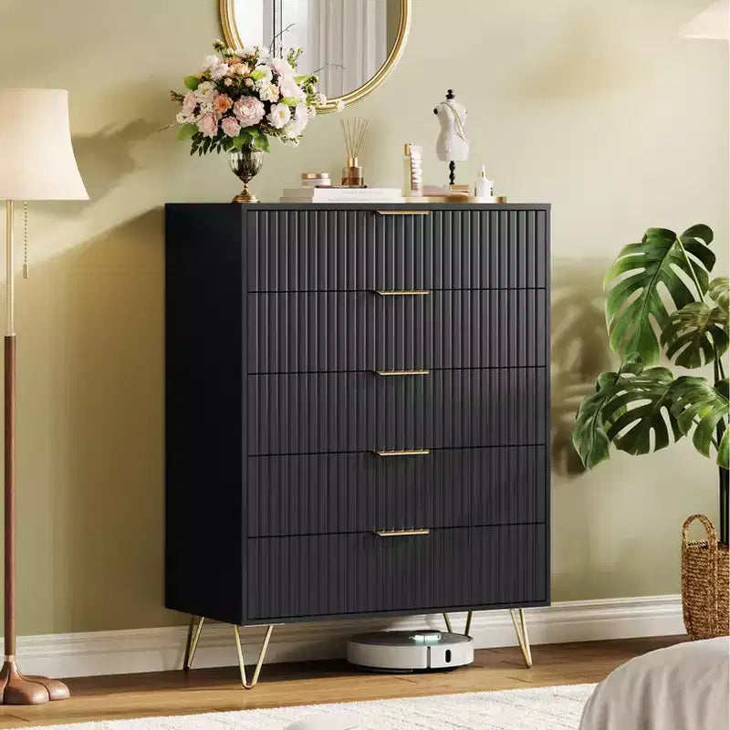 Modern Fluted 5-Drawer Dresser 47.72 Tall, Natural Oak, Gold Handles, 200 lbs Top, Anti-Tip, Waterproof, Bedroom/Hallway Statement Storage