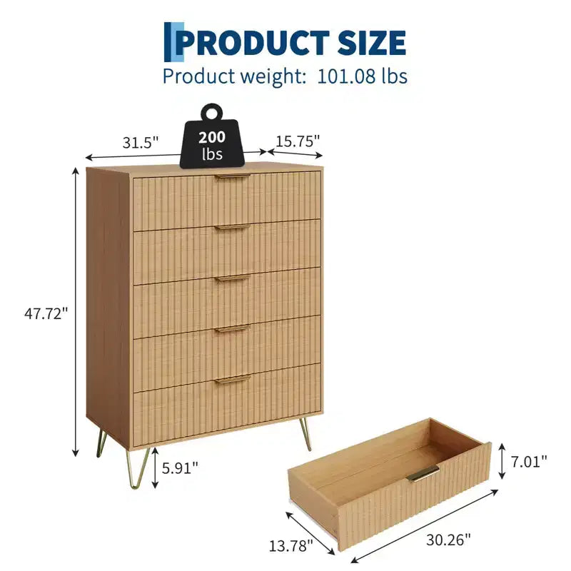 Modern Fluted 5-Drawer Dresser 47.72 Tall, Natural Oak, Gold Handles, 200 lbs Top, Anti-Tip, Waterproof, Bedroom/Hallway Statement Storage