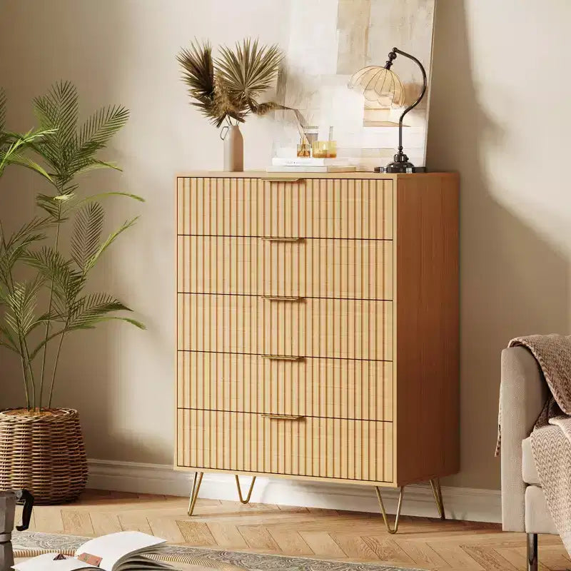 Modern Fluted 5-Drawer Dresser 47.72 Tall, Natural Oak, Gold Handles, 200 lbs Top, Anti-Tip, Waterproof, Bedroom/Hallway Statement Storage