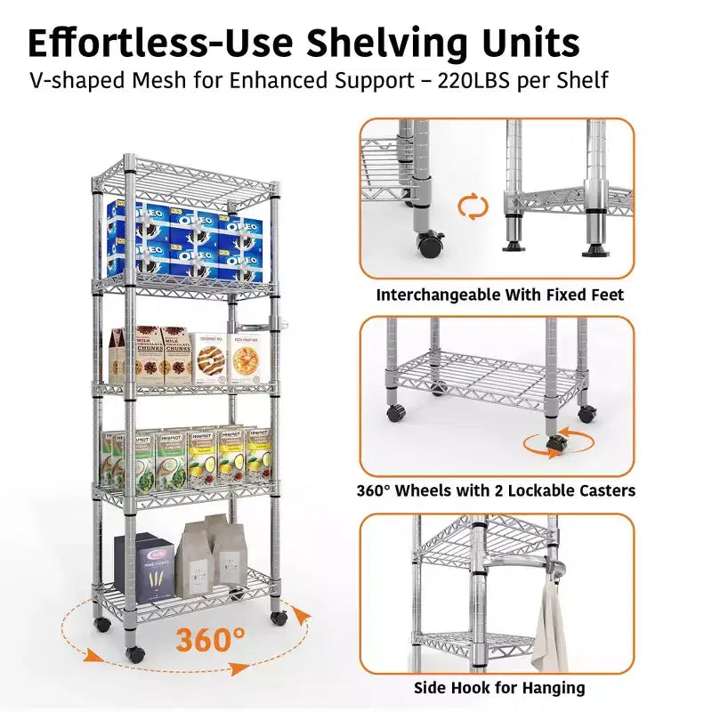 5-Tier Metal Storage Shelves with Wheels & Handle, Adjustable Wire Rack for Kitchen, Garage or Pantry, 1100LBS Capacity, Silver