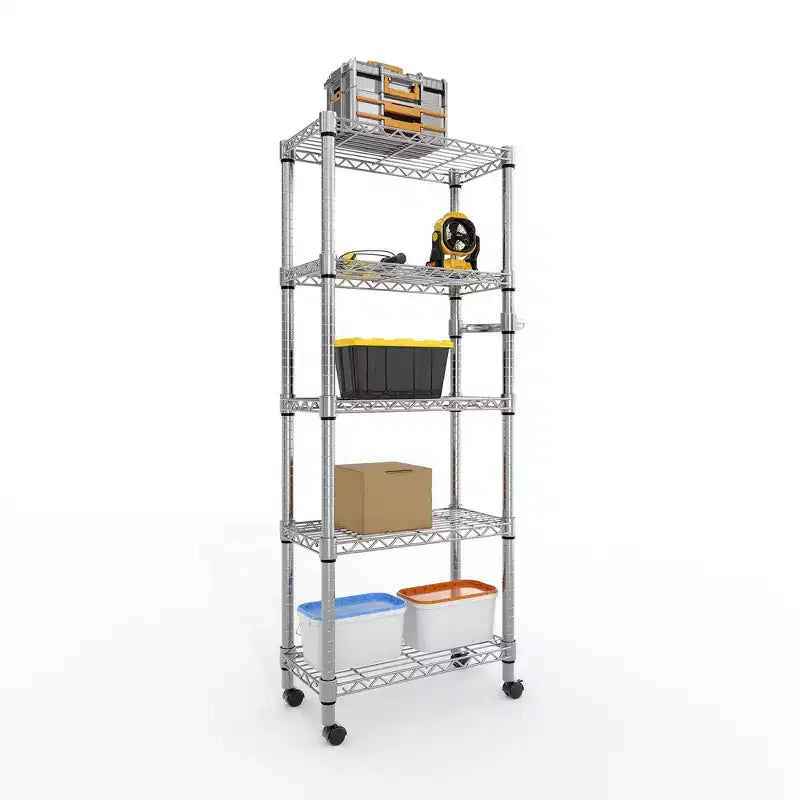 5-Tier Metal Storage Shelves with Wheels & Handle, Adjustable Wire Rack for Kitchen, Garage or Pantry, 1100LBS Capacity, Silver