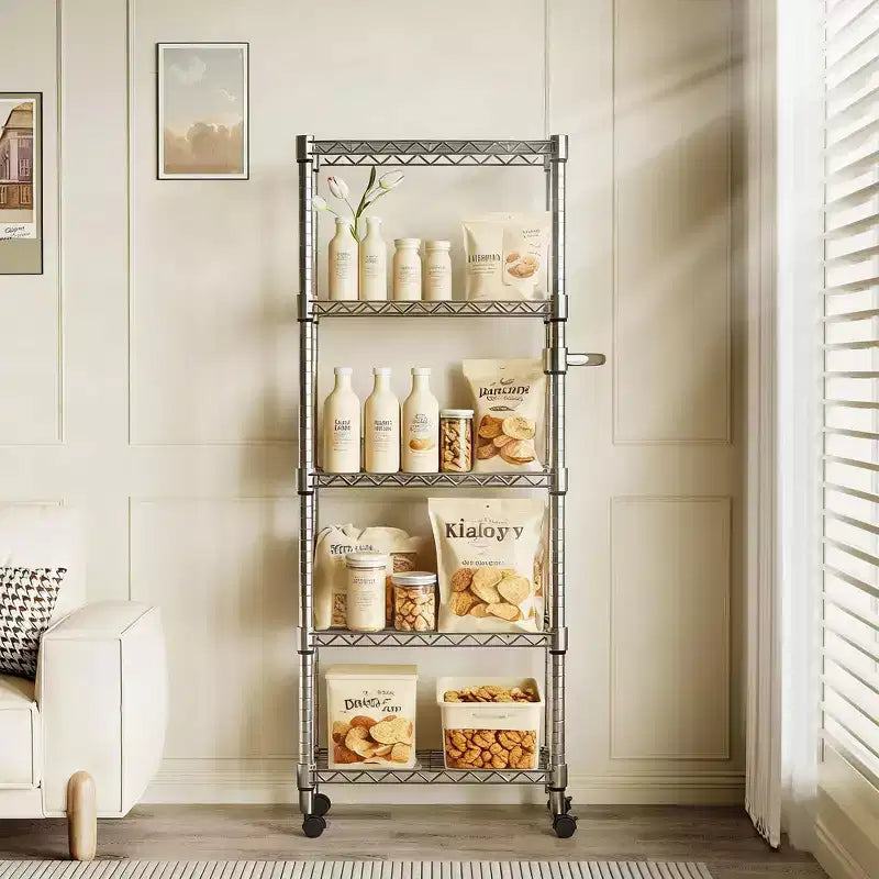 5-Tier Metal Storage Shelves with Wheels & Handle, Adjustable Wire Rack for Kitchen, Garage or Pantry, 1100LBS Capacity, Silver