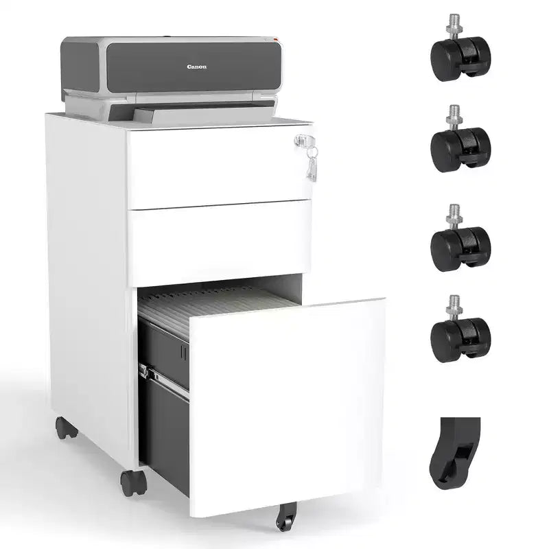 VIYET 3-Drawer Mobile File Cabinet with Lock - All-Steel Anti-Tip Design, Shallow + Deep Drawer, White for Office/Home (Fits A4/Letter)