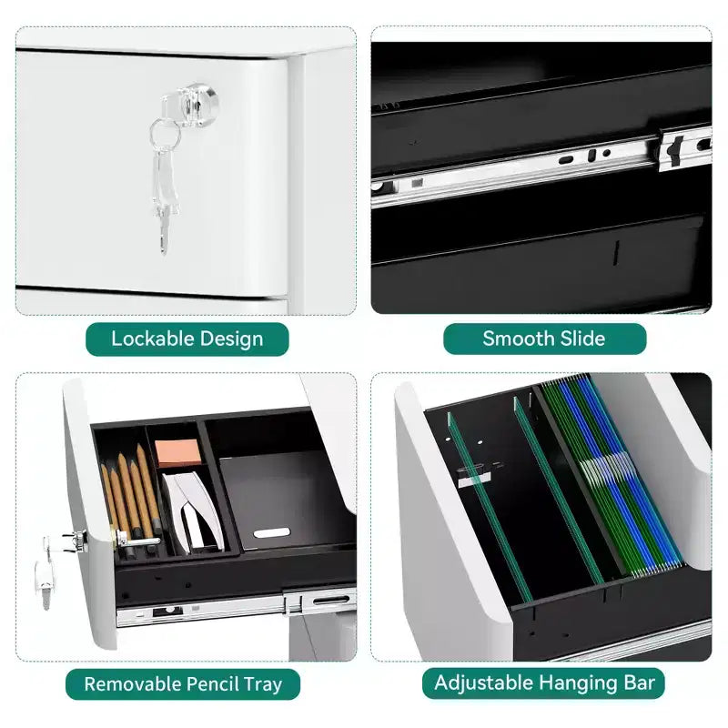 3-Drawer Mobile File Cabinet with Lock, Anti-Tip Steel Design, Shallow + Deep Drawers, White