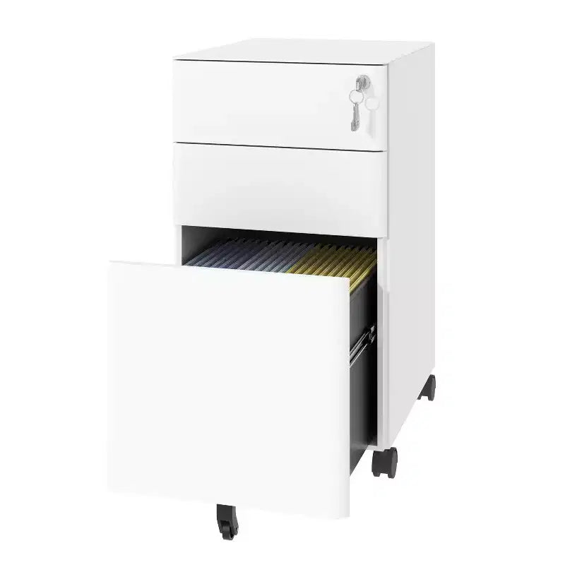 3-Drawer Mobile File Cabinet with Lock, Anti-Tip Steel Design, Shallow + Deep Drawers, White