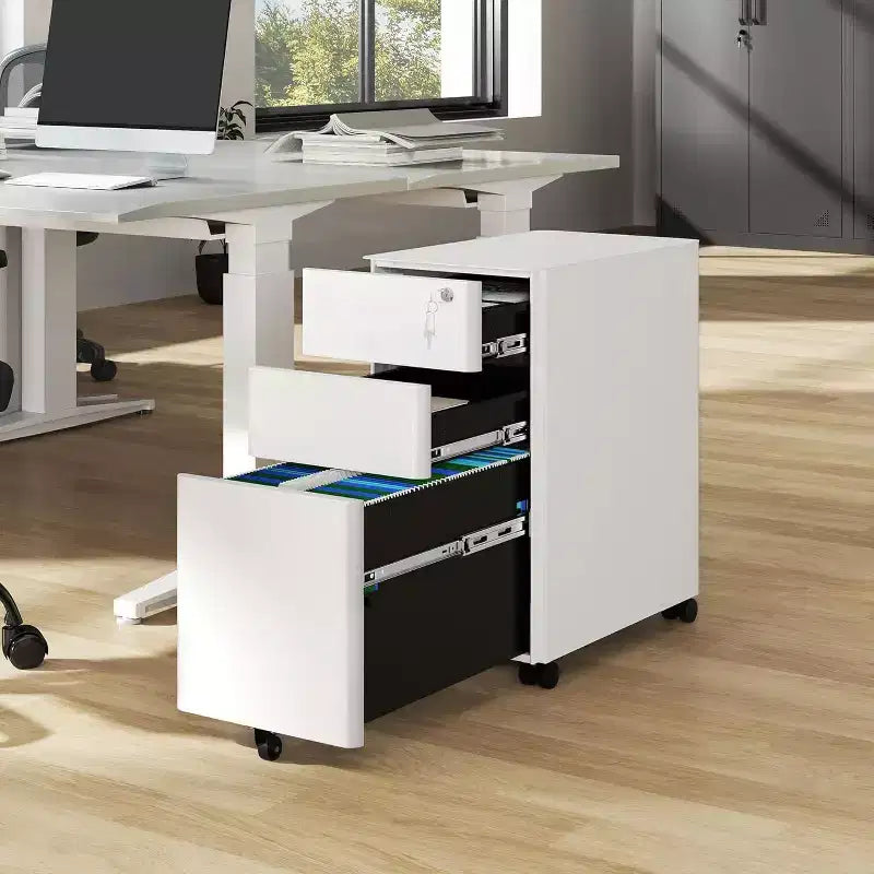 3-Drawer Mobile File Cabinet with Lock, Anti-Tip Steel Design, Shallow + Deep Drawers, White
