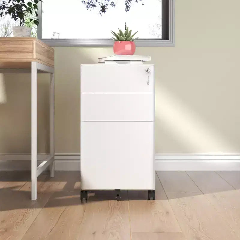 3-Drawer Mobile File Cabinet with Lock, Anti-Tip Steel Design, Shallow + Deep Drawers, White