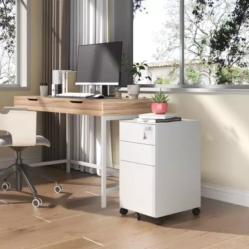 3-Drawer Mobile File Cabinet with Lock, Anti-Tip Steel Design, Shallow + Deep Drawers, White