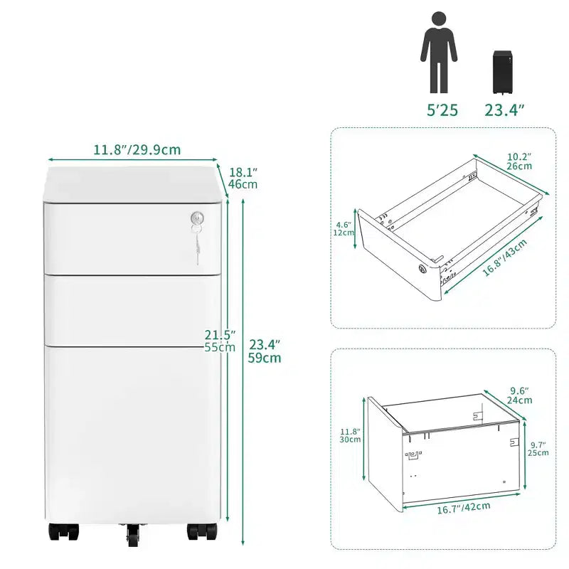 3-Drawer Mobile File Cabinet with Lock, Anti-Tip Steel Design, Shallow + Deep Drawers, White