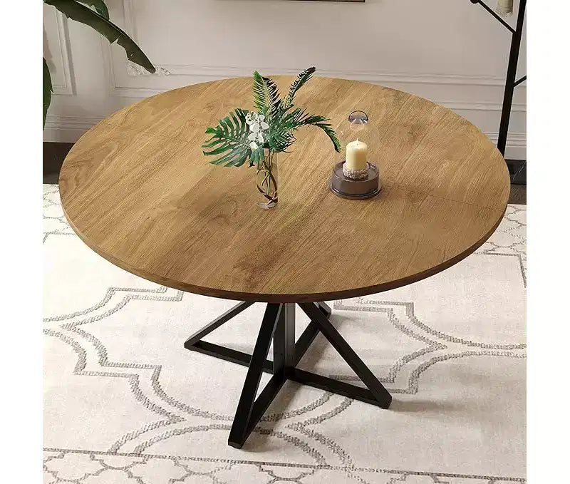 47" Round Dining Table for 4 with Heavy-Duty Metal Pedestal Base, 4-Part Solid Wood Top