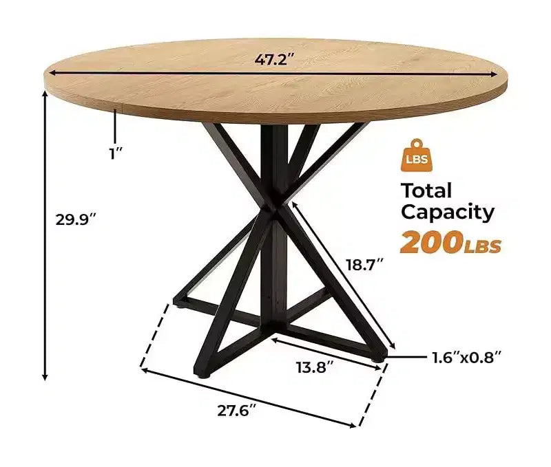47" Round Dining Table for 4 with Heavy-Duty Metal Pedestal Base, 4-Part Solid Wood Top
