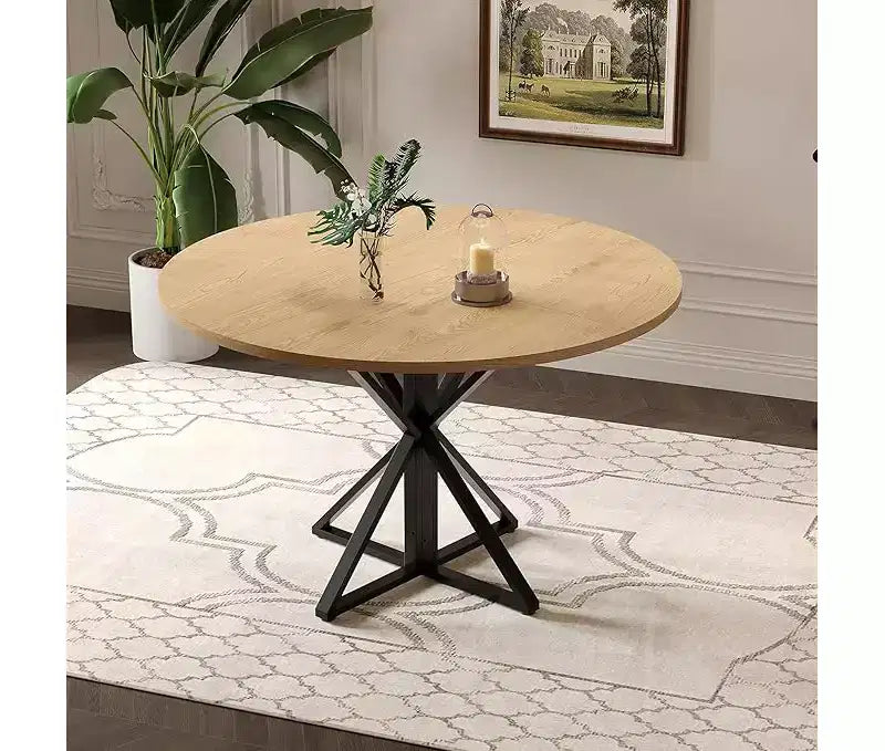 47" Round Dining Table for 4 with Heavy-Duty Metal Pedestal Base, 4-Part Solid Wood Top