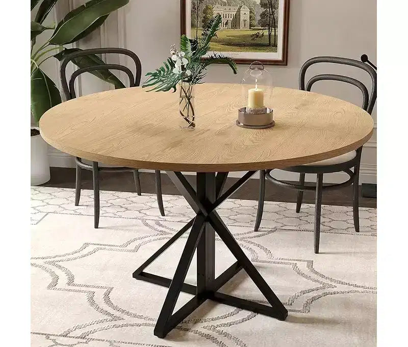 47" Round Dining Table for 4 with Heavy-Duty Metal Pedestal Base, 4-Part Solid Wood Top