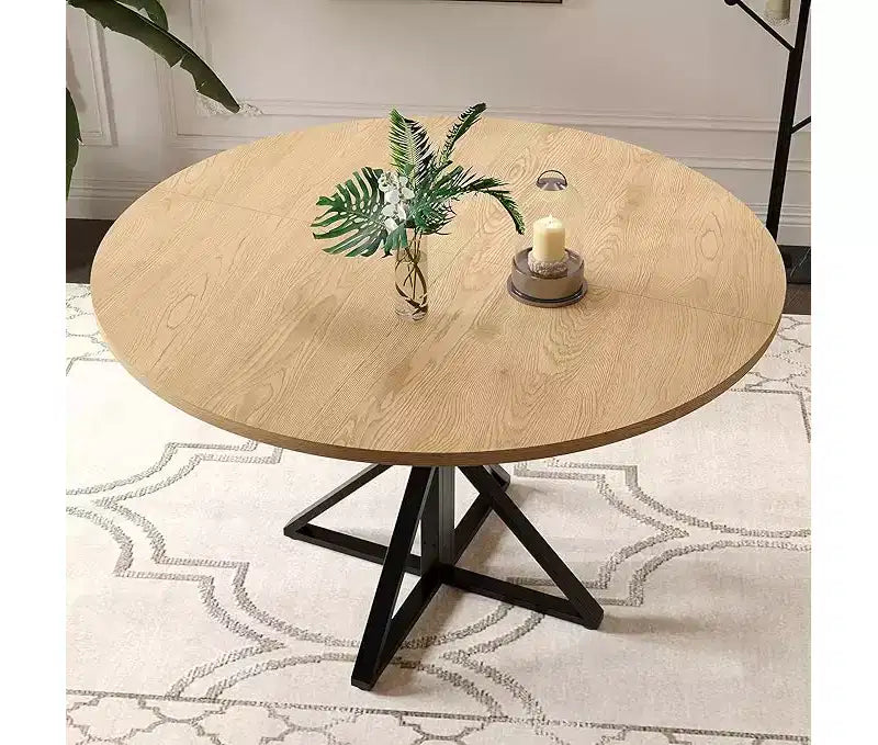 47" Round Dining Table for 4 with Heavy-Duty Metal Pedestal Base, 4-Part Solid Wood Top
