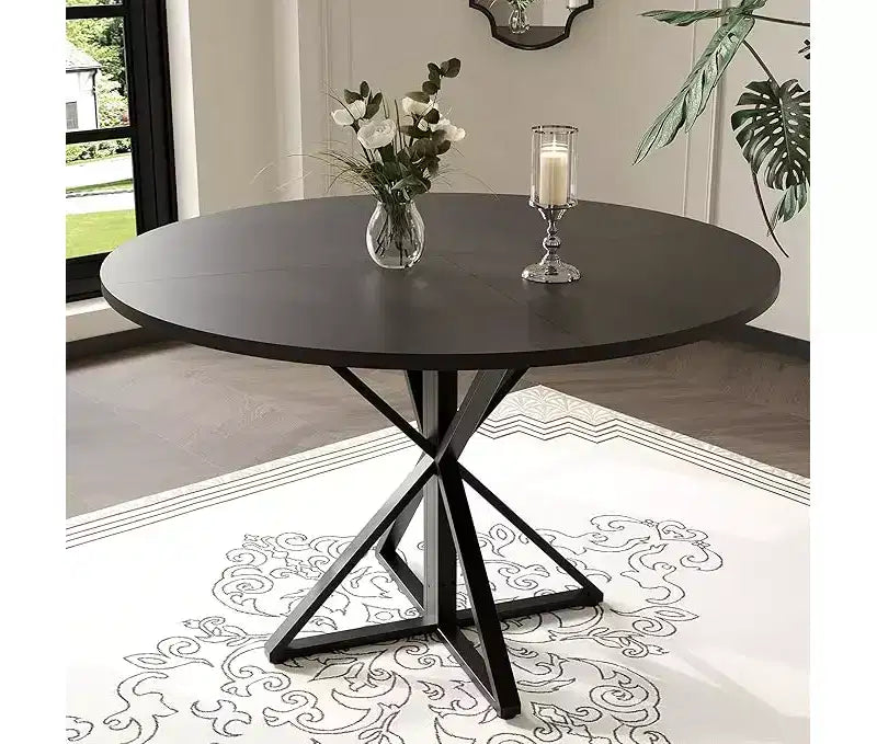 47" Round Dining Table for 4 with Heavy-Duty Metal Pedestal Base, 4-Part Solid Wood Top