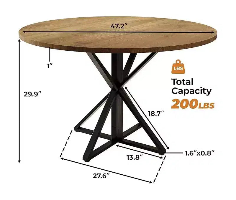 47" Round Dining Table for 4 with Heavy-Duty Metal Pedestal Base, 4-Part Solid Wood Top