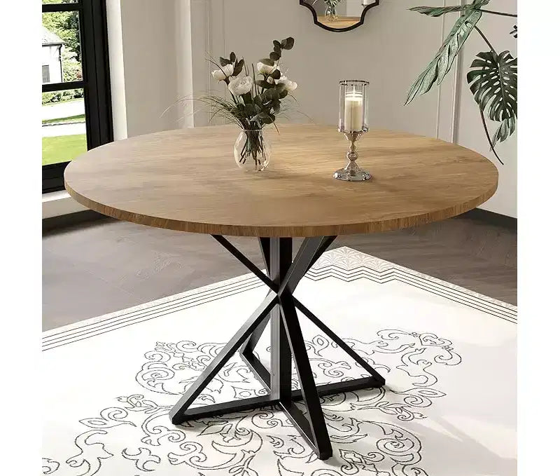 47" Round Dining Table for 4 with Heavy-Duty Metal Pedestal Base, 4-Part Solid Wood Top