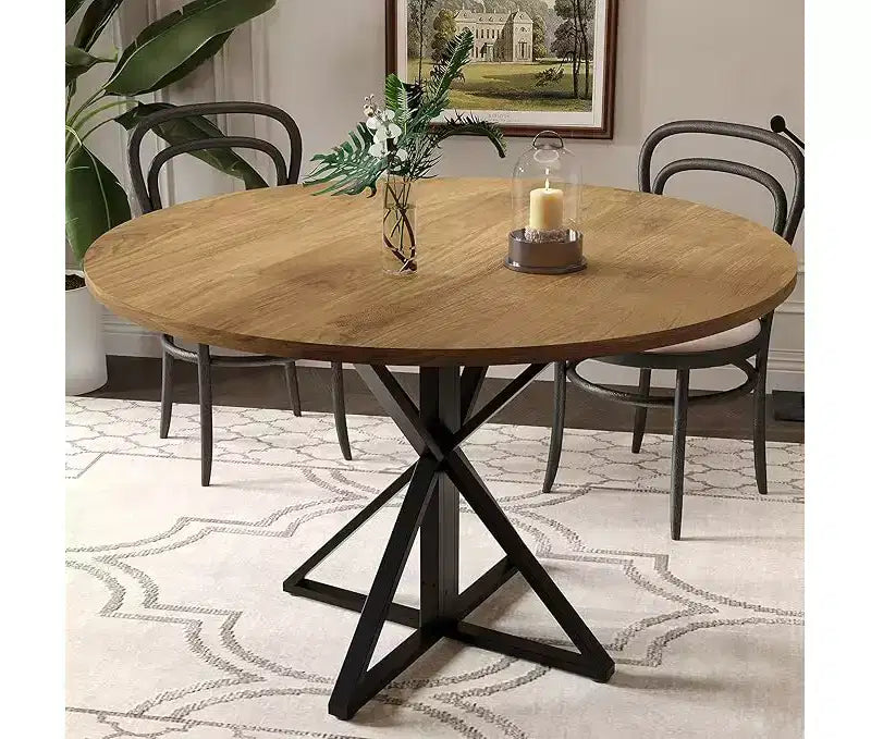 47" Round Dining Table for 4 with Heavy-Duty Metal Pedestal Base, 4-Part Solid Wood Top