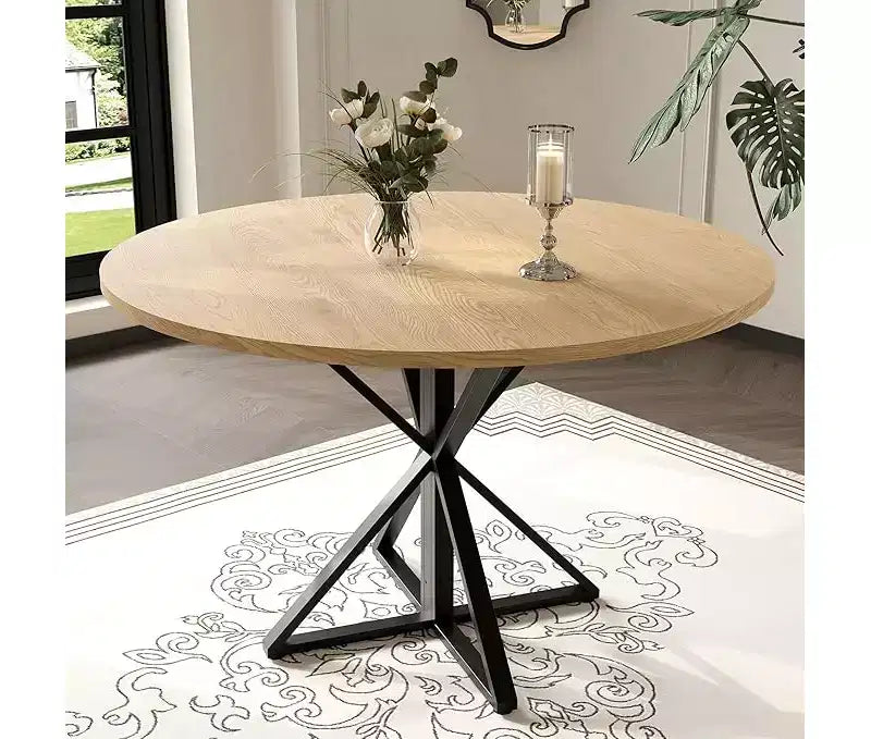 47" Round Dining Table for 4 with Heavy-Duty Metal Pedestal Base, 4-Part Solid Wood Top