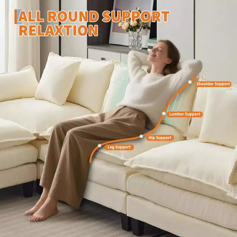 112" Modular L-Shaped Cloud Couch with Ottoman & Side Pockets, Plush Chenille/Corduroy Fabric