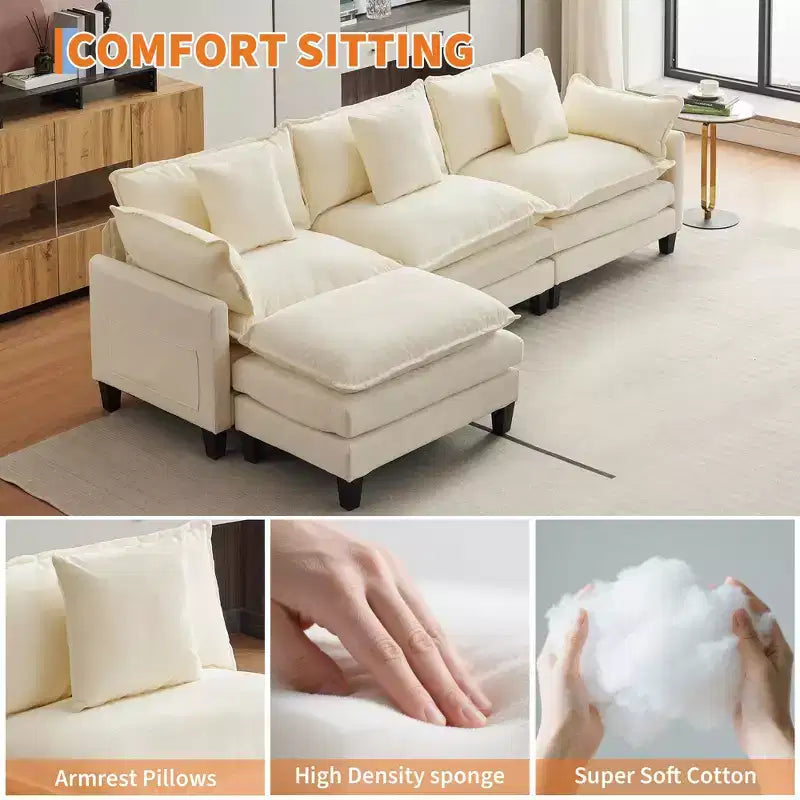 112" Modular L-Shaped Cloud Couch with Ottoman & Side Pockets, Plush Chenille/Corduroy Fabric