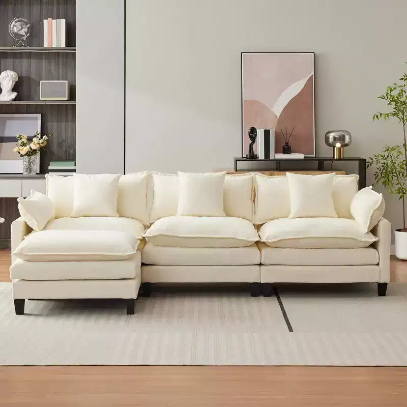 112" Modular L-Shaped Cloud Couch with Ottoman & Side Pockets, Plush Chenille/Corduroy Fabric