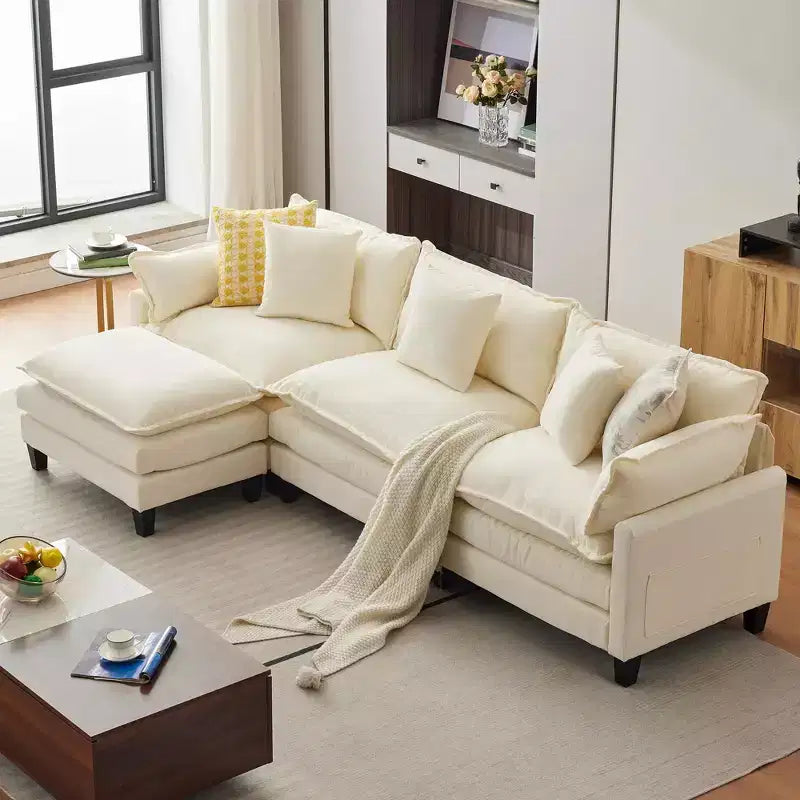112" Modular L-Shaped Cloud Couch with Ottoman & Side Pockets, Plush Chenille/Corduroy Fabric