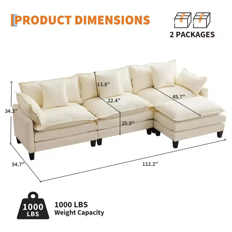 112" Modular L-Shaped Cloud Couch with Ottoman & Side Pockets, Plush Chenille/Corduroy Fabric