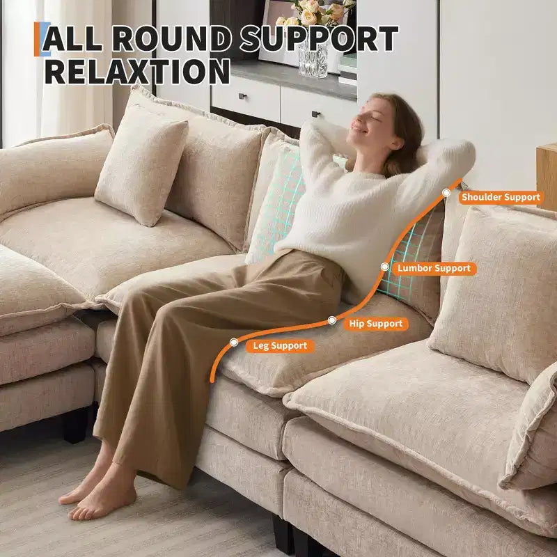 112" Modular L-Shaped Cloud Couch with Ottoman & Side Pockets, Plush Chenille/Corduroy Fabric