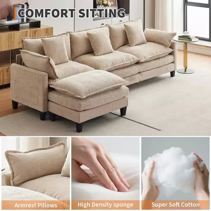 112" Modular L-Shaped Cloud Couch with Ottoman & Side Pockets, Plush Chenille/Corduroy Fabric