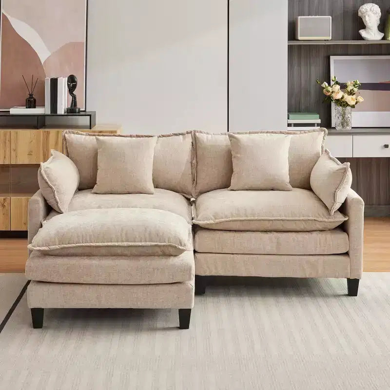 112" Modular L-Shaped Cloud Couch with Ottoman & Side Pockets, Plush Chenille/Corduroy Fabric