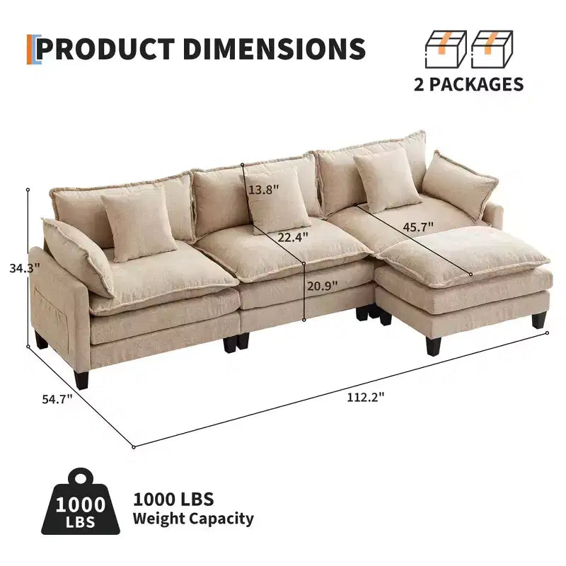 112" Modular L-Shaped Cloud Couch with Ottoman & Side Pockets, Plush Chenille/Corduroy Fabric