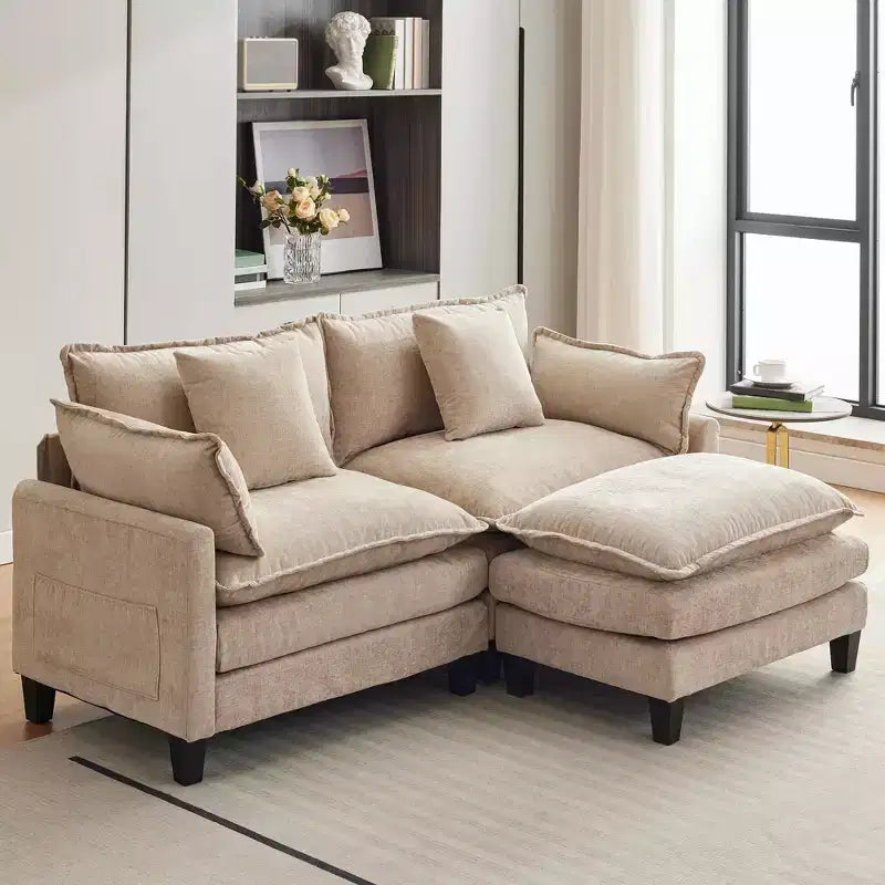 112" Modular L-Shaped Cloud Couch with Ottoman & Side Pockets, Plush Chenille/Corduroy Fabric