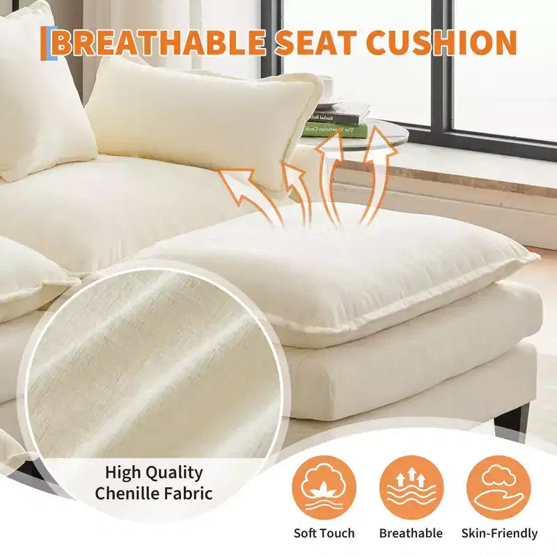 112" Modular L-Shaped Cloud Couch with Ottoman & Side Pockets, Plush Chenille/Corduroy Fabric