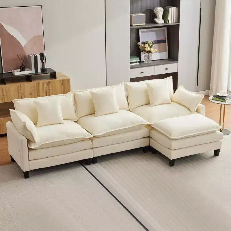 112" Modular L-Shaped Cloud Couch with Ottoman & Side Pockets, Plush Chenille/Corduroy Fabric