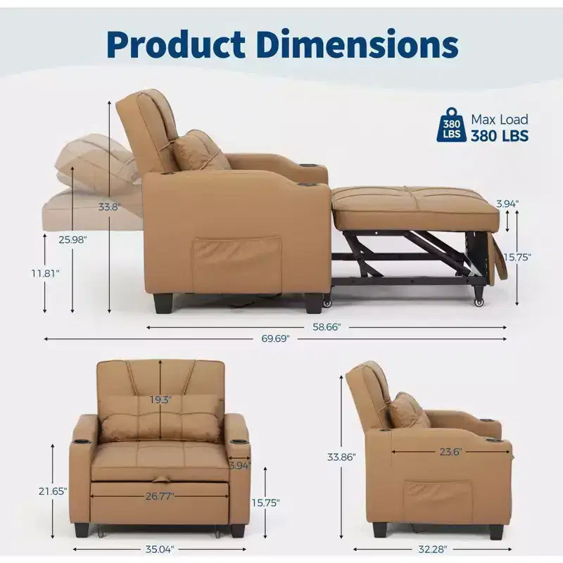 3-in-1 Convertible Sofa Bed with USB Ports & Massage, 110°–180° Recliner, Cup Holders & Side Pockets, 380 lbs Capacity