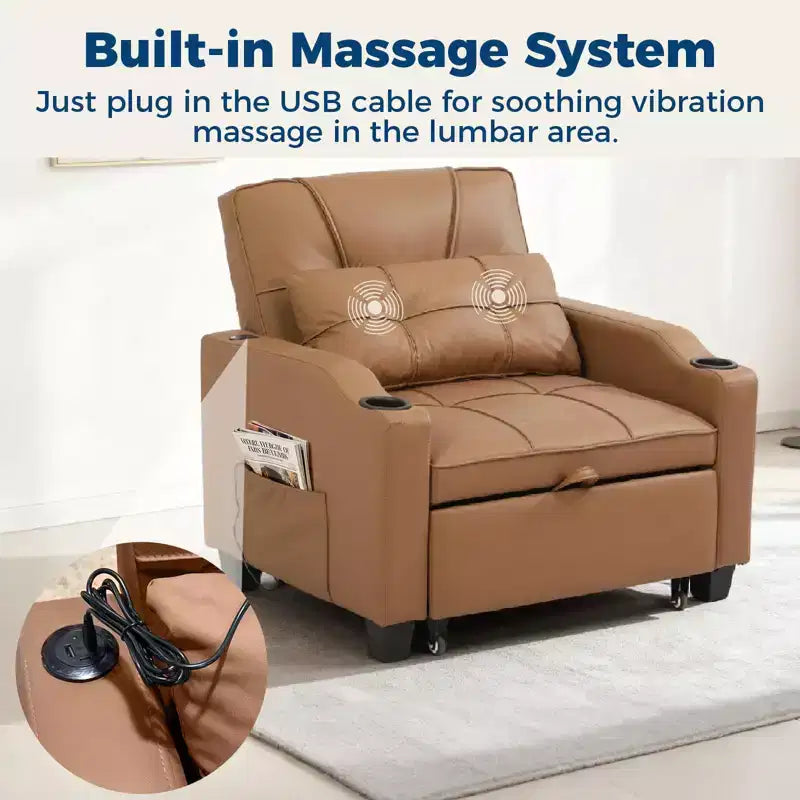 3-in-1 Convertible Sofa Bed with USB Ports & Massage, 110°–180° Recliner, Cup Holders & Side Pockets, 380 lbs Capacity