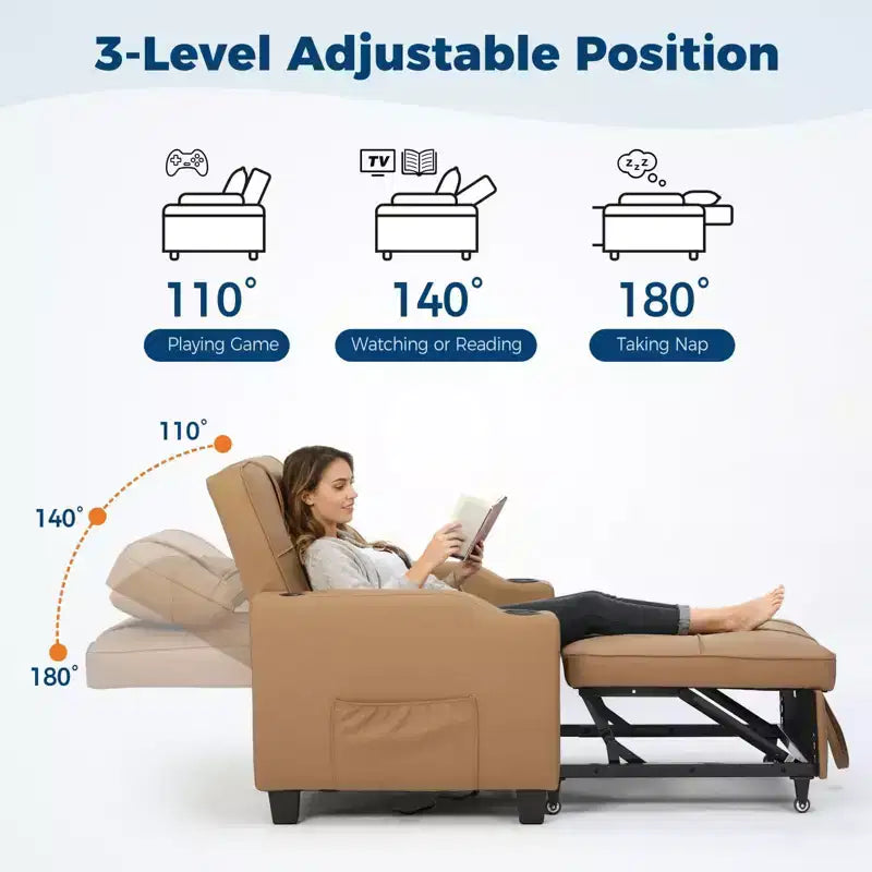3-in-1 Convertible Sofa Bed with USB Ports & Massage, 110°–180° Recliner, Cup Holders & Side Pockets, 380 lbs Capacity