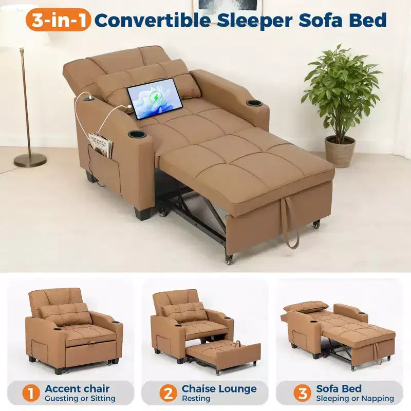 3-in-1 Convertible Sofa Bed with USB Ports & Massage, 110°–180° Recliner, Cup Holders & Side Pockets, 380 lbs Capacity