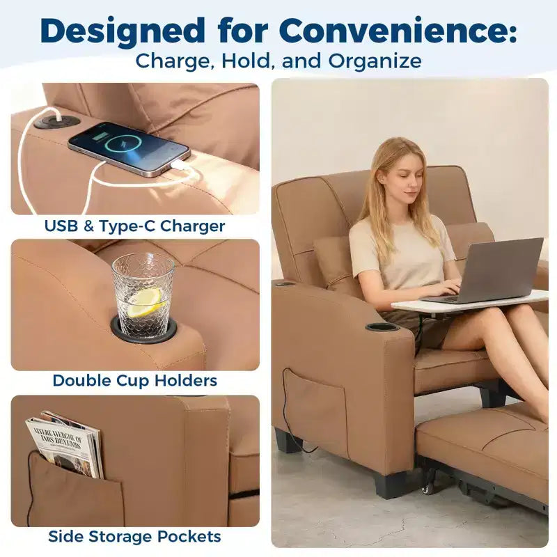 3-in-1 Convertible Sofa Bed with USB Ports & Massage, 110°–180° Recliner, Cup Holders & Side Pockets, 380 lbs Capacity