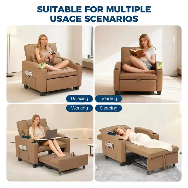 3-in-1 Convertible Sofa Bed with USB Ports & Massage, 110°–180° Recliner, Cup Holders & Side Pockets, 380 lbs Capacity