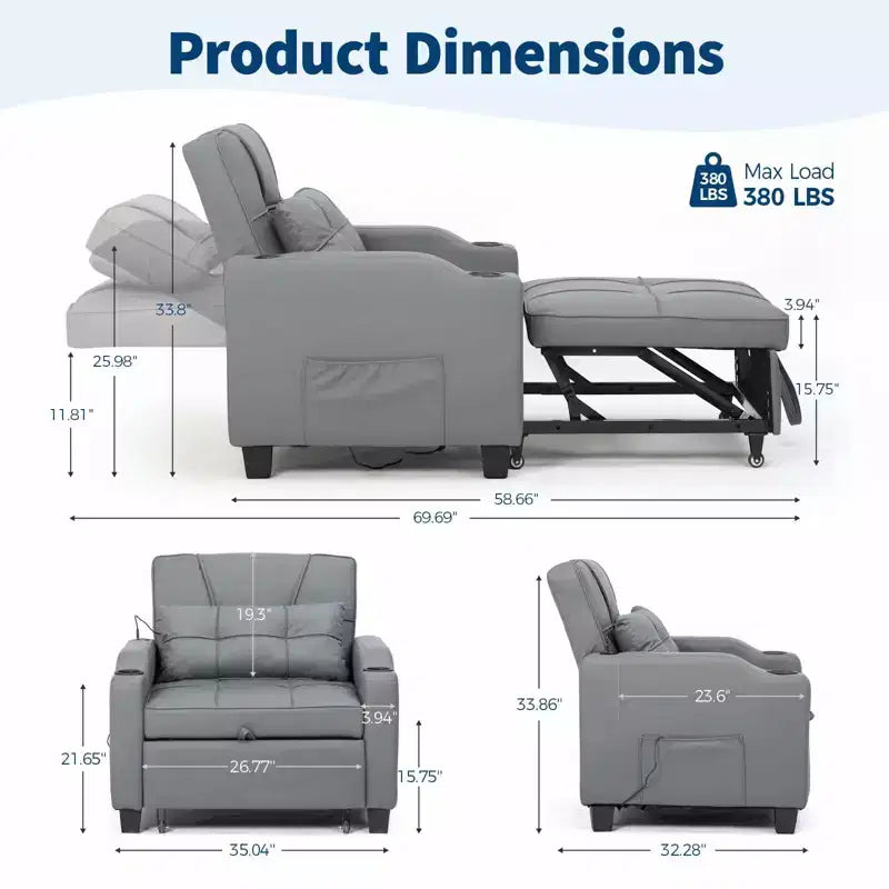 3-in-1 Convertible Sofa Bed with USB Ports & Massage, 110°–180° Recliner, Cup Holders & Side Pockets, 380 lbs Capacity