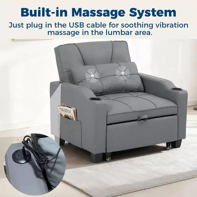 3-in-1 Convertible Sofa Bed with USB Ports & Massage, 110°–180° Recliner, Cup Holders & Side Pockets, 380 lbs Capacity