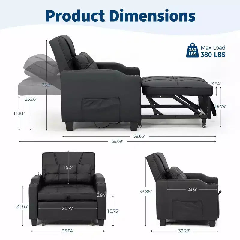 3-in-1 Convertible Sofa Bed with USB Ports & Massage, 110°–180° Recliner, Cup Holders & Side Pockets, 380 lbs Capacity