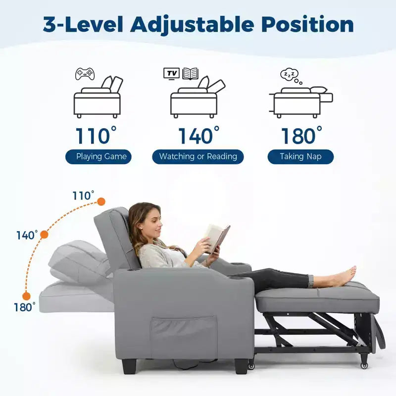 3-in-1 Convertible Sofa Bed with USB Ports & Massage, 110°–180° Recliner, Cup Holders & Side Pockets, 380 lbs Capacity