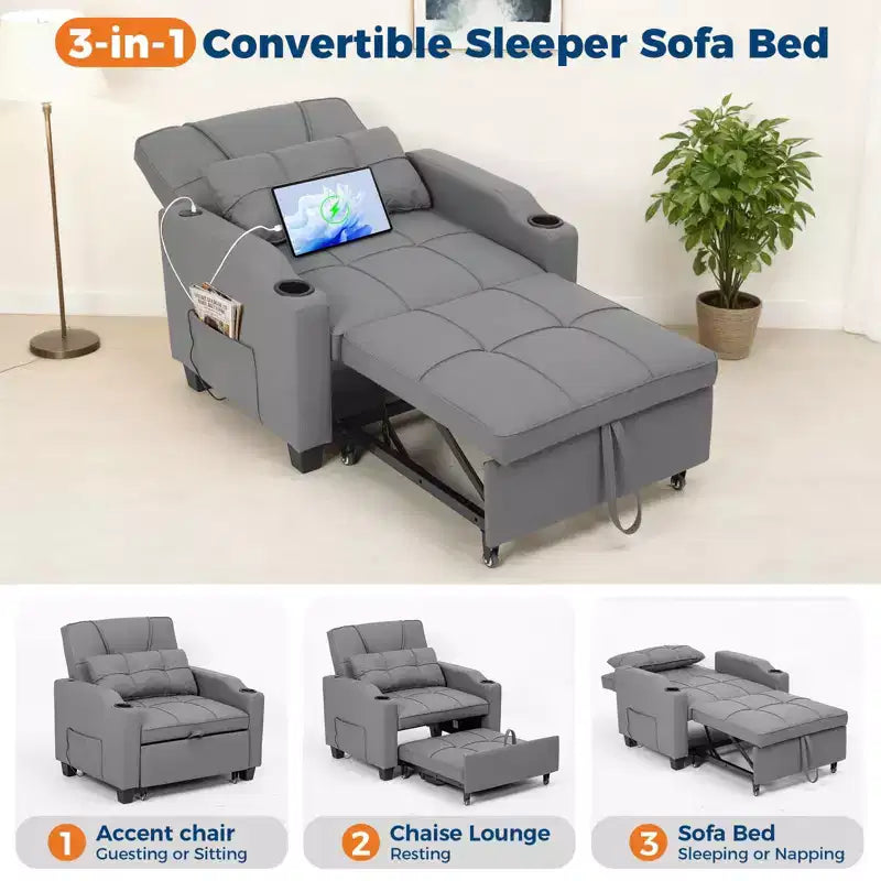 3-in-1 Convertible Sofa Bed with USB Ports & Massage, 110°–180° Recliner, Cup Holders & Side Pockets, 380 lbs Capacity