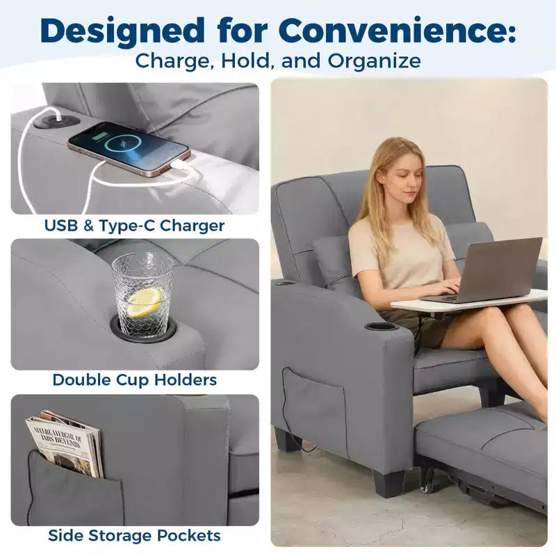 3-in-1 Convertible Sofa Bed with USB Ports & Massage, 110°–180° Recliner, Cup Holders & Side Pockets, 380 lbs Capacity